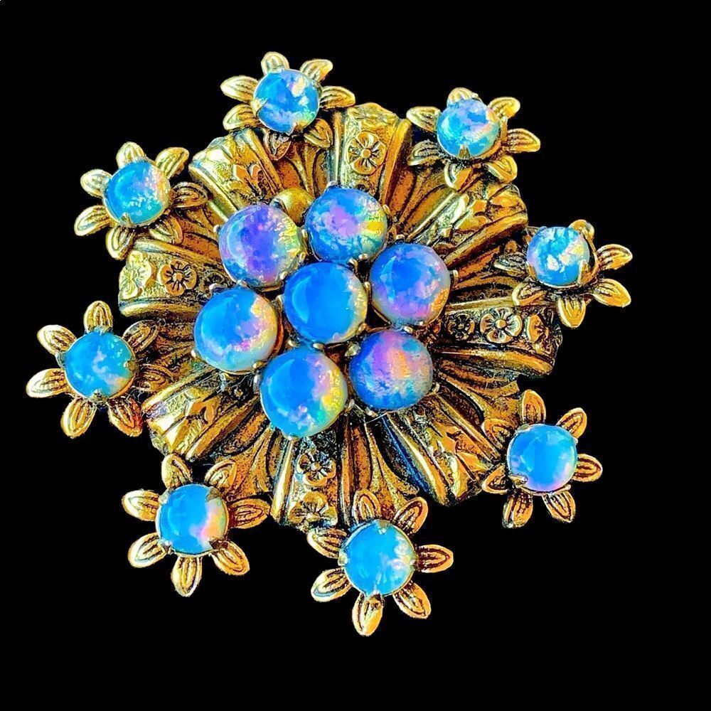 Vintage faux opal floral embossed brooch pendant beautiful colors
